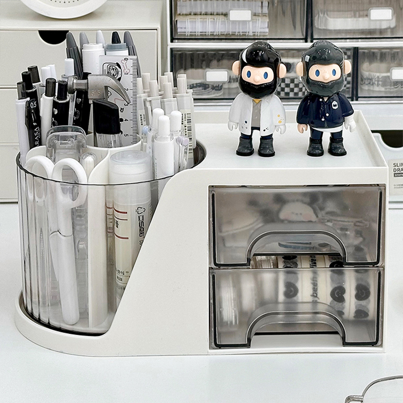 Rotating Makeup Organizer with Drawers, Beauty Storage with Multi Function Compartments for Cosmetics, Brushes, Stationery & Small Items, Countertop Organizer for Vanity & Bathroom & Office (White)