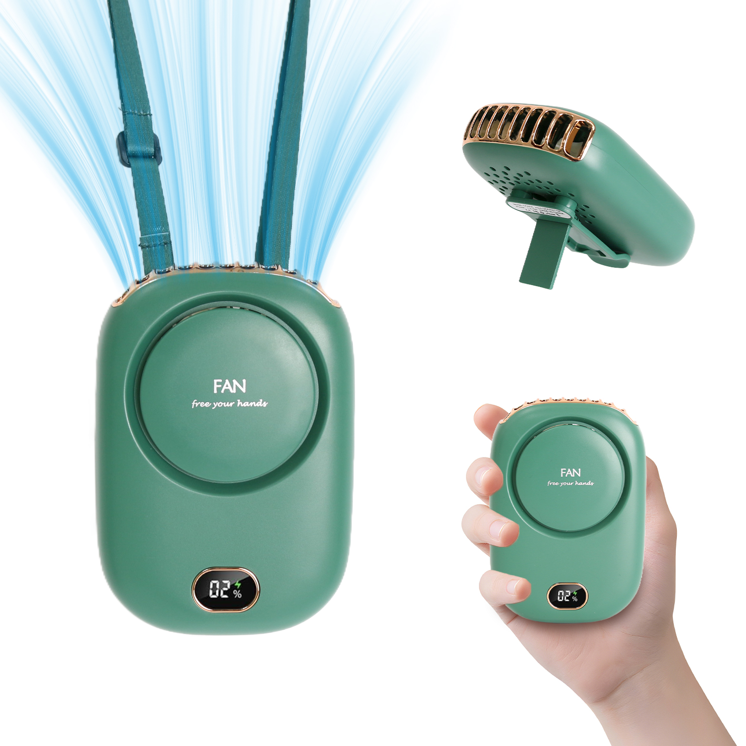 Portable USB Rechargeable Wearable Fan 3 Speed Touch Control, 2000mAh Battery, Leafless Design for Indoor, Outdoor Use, with Lanyard & Stand 1pcs