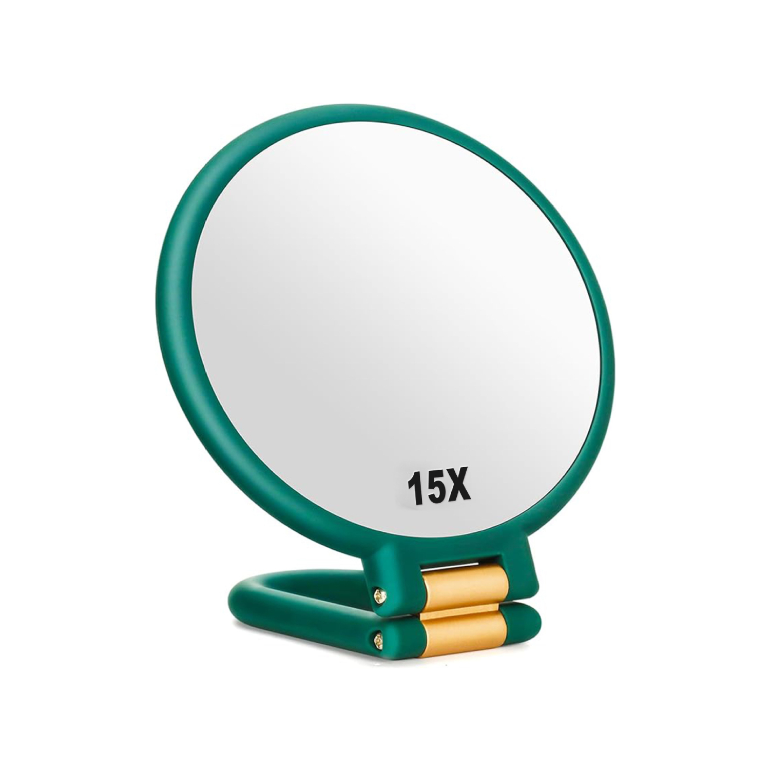 15x Magnifying Mirror, Travel Hand Mirrors with Handle, Double Side Handheld Mirror with 1x & 15x Magnification & Adjustable Handle, Stand, Hand Held Foldable Travel Mirror for Makeup(Dark Green)